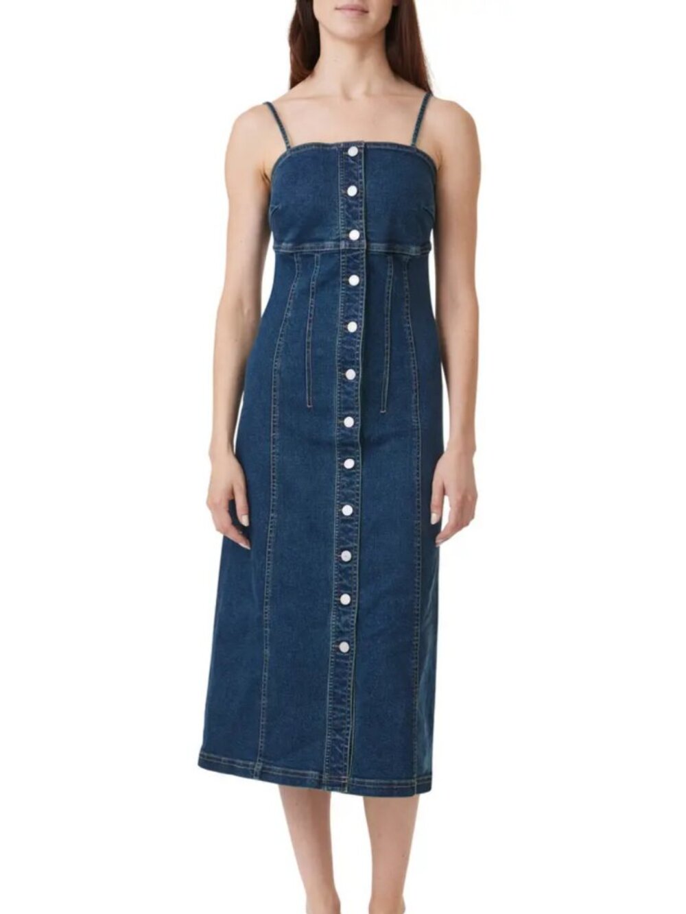 Habitual Button-Up Denim Square Neck Spaghetti Strap Midi Dress